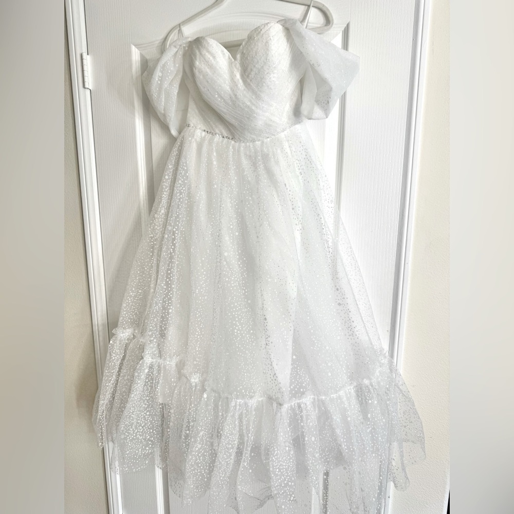 Princess Polka Dot Off Shoulder Sparkle Tulle Tea Length Dress